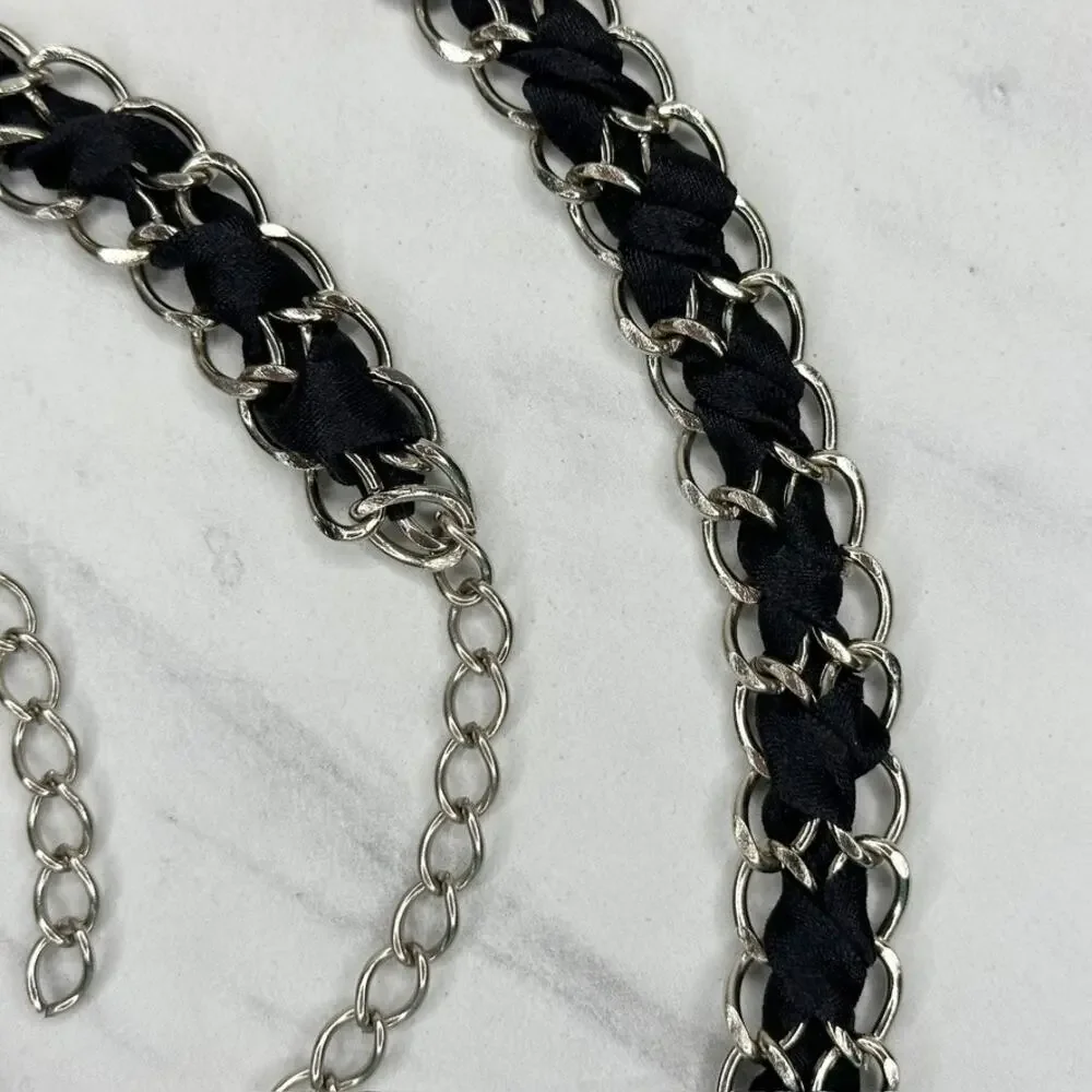 Black Ribbon Woven Silver Tone Chain Link Belt One Size (OS) ✨